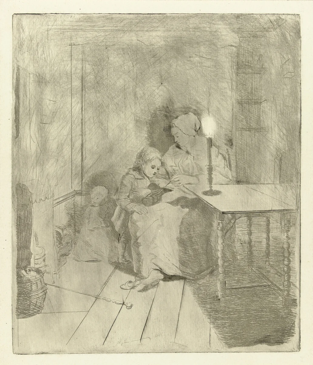 Moeder geeft haar zoon les by Louis Bernard Coclers, print, 1756-1817