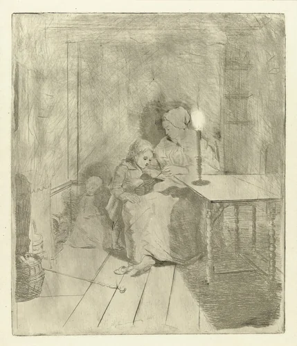 Moeder geeft haar zoon les by Louis Bernard Coclers, print, 1756-1817