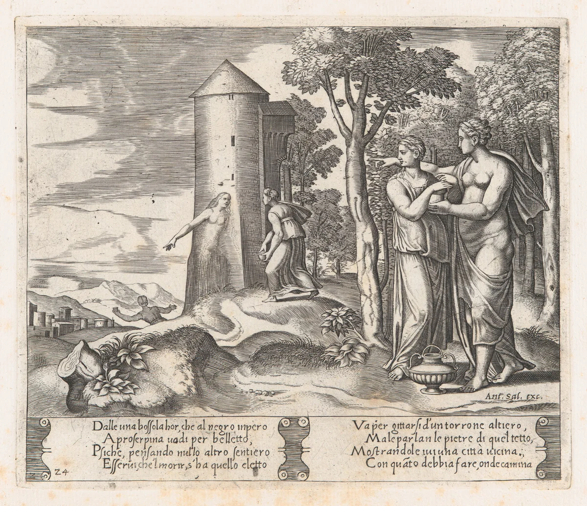 Plate 24: Venus and Psyche standing at right, pointing to the underworld at center, into which Psyche enters, from "The Story of Cupid and Psyche as told by Apuleius" by Master of the Die, print, 1530-1560