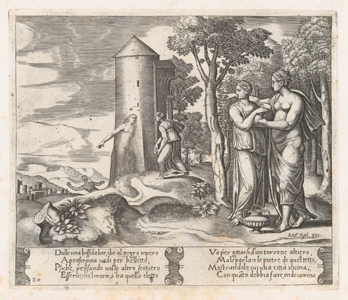 Plate 24: Venus and Psyche standing at right, pointing to the underworld at center, into which Psyche enters, from "The Story of Cupid and Psyche as told by Apuleius" by Master of the Die, print, 1530-1560