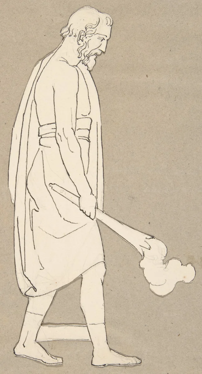 Male classical figure holding a torch (design for large fireplace white tiles produced in Wedgwood's factory) by John Flaxman, drawing, 1800-1899