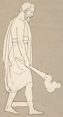 Male classical figure holding a torch (design for large fireplace white tiles produced in Wedgwood's factory) by John Flaxman, drawing, 1800-1899
