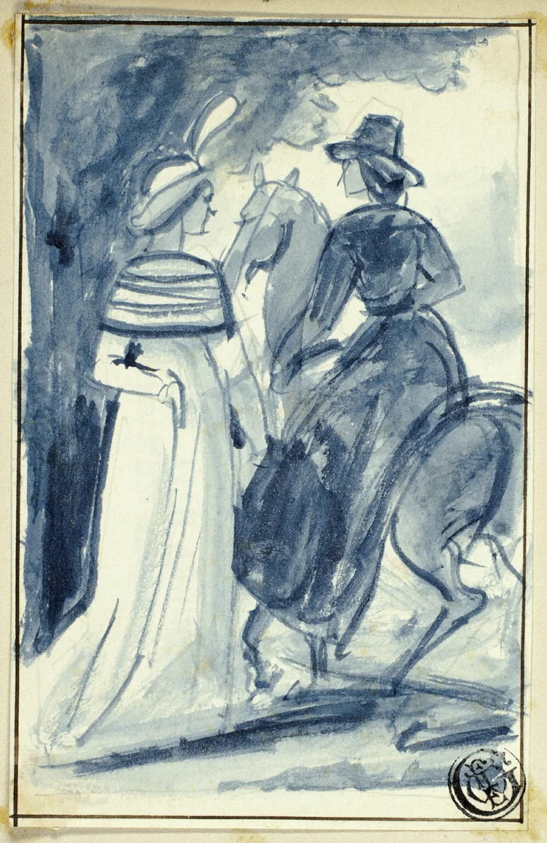 Two Women (One on Horseback) in Late 18th Century Dress by Thomas Stothard, drawing, 1830-1863