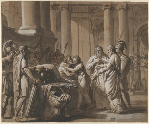 Scene from Roman History, depicting a Youth receiving Armor from a Dying Man (Scipio Africanus and His Son?) by Mathieu-Ignace van Bree, drawing, 1793-1839