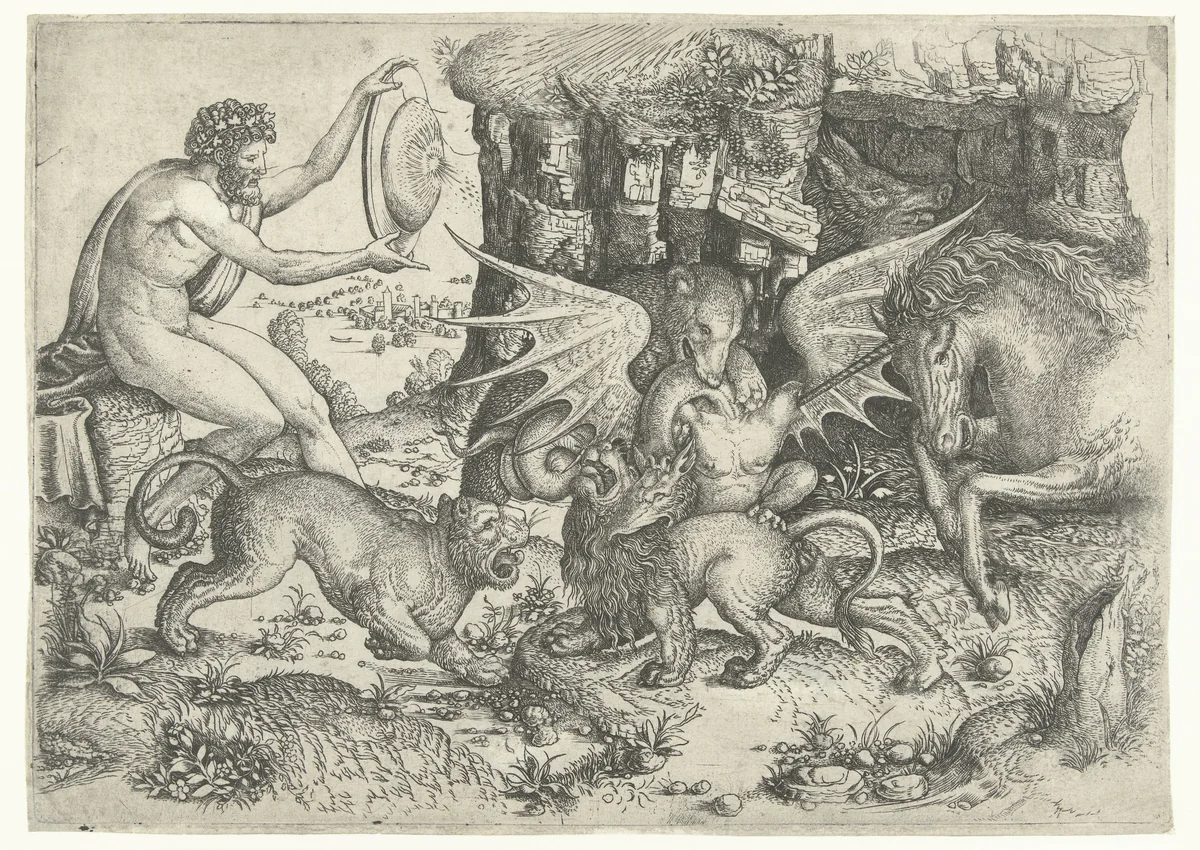 Allegorie met gevecht tussen dieren en draak bij zittende man met schild by Meester van de Onthoofding van Johannes de Doper, print, 1500-1520