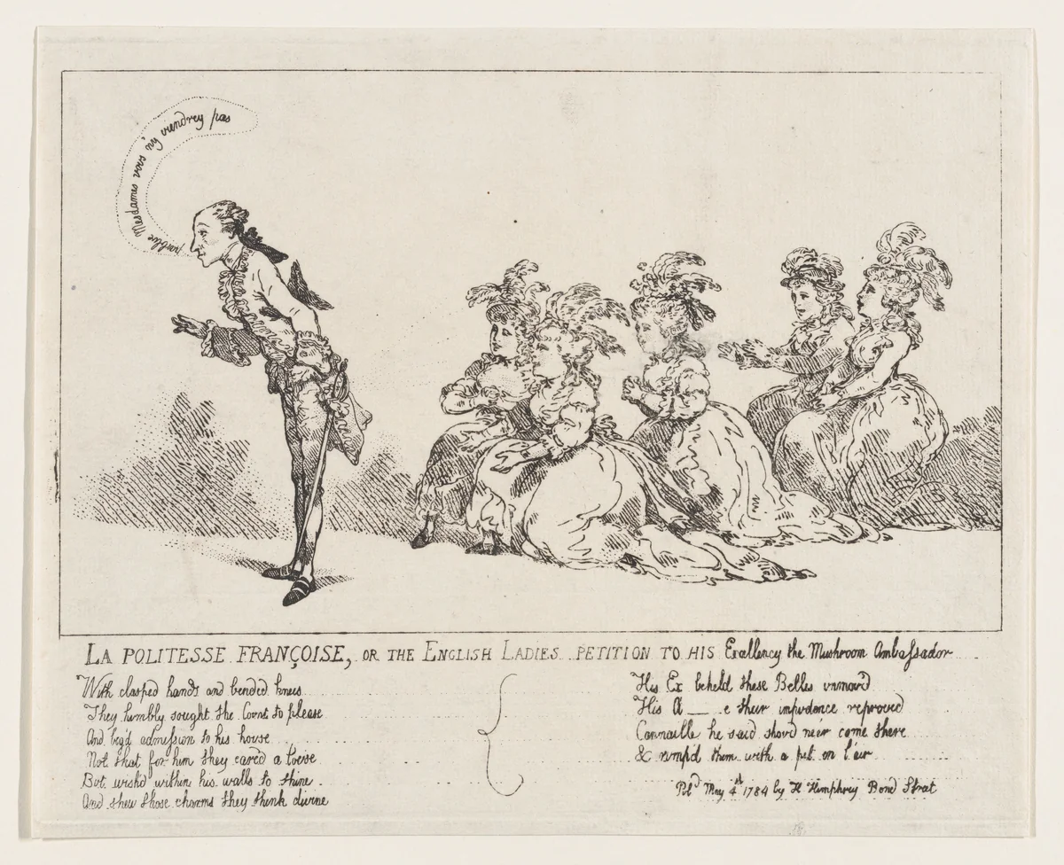 La politesse Françoise, or The English Ladies Petition to His Excellency the Mushroom Ambassador by Thomas Rowlandson, print, 1789