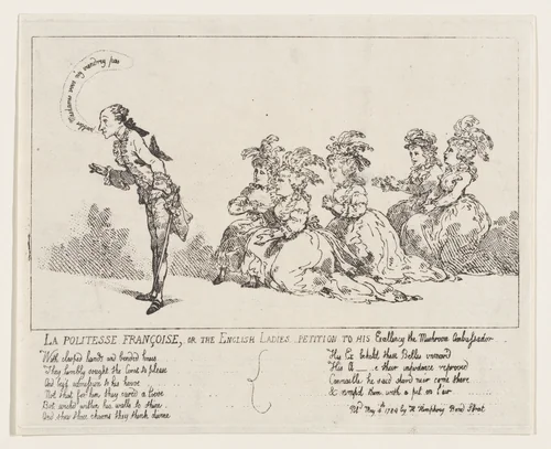 La politesse Françoise, or The English Ladies Petition to His Excellency the Mushroom Ambassador by Thomas Rowlandson, print, 1789