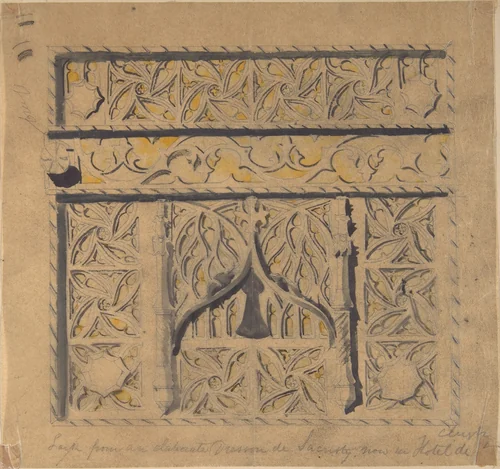 Lock from Elaborate Dresson de Sacristy, now in the Hotel de Clugny by Richardson Ellson, drawing, 1875-1885