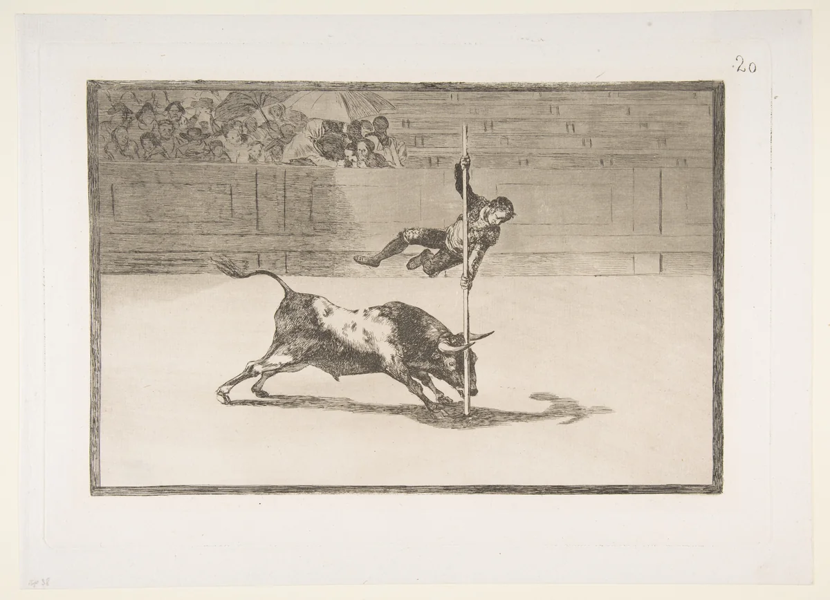 The agility and audacity of Juanito Apiñani in [the ring] at Madrid, plate 20 from "La Tauromaquia" by Goya, print, 1816