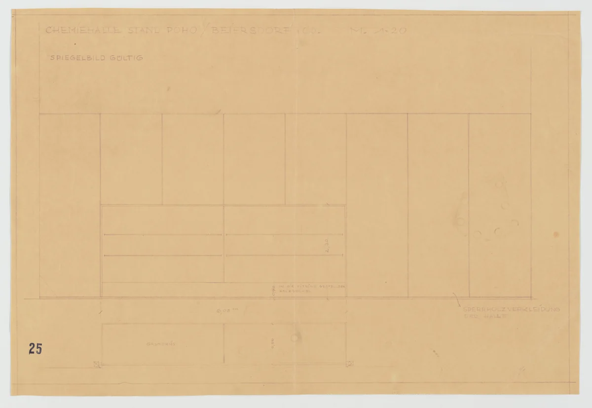 Barcelona Exhibition, German Section, Chemistry Hall, Barcelona, Spain (Elevation and plan. Stand for Poho and Beiersdorf. Vitrine and plywood wall covering.) by Lilly Reich, mies van der rohe archive, 1929