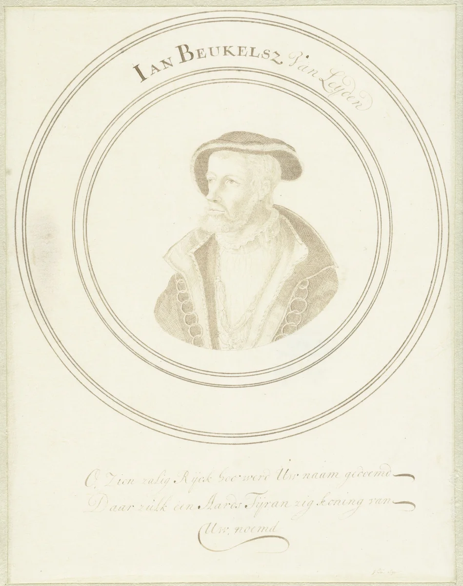 Portret van Jan Beukelsz. van Leyden by John Faber, drawing, 1692