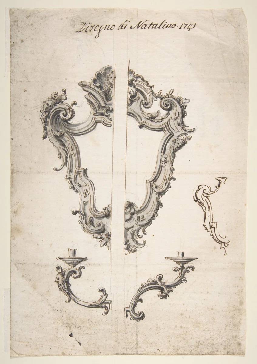 Designs for Mirror Frames and Sconces by Giovanni Battista Natali, drawing, 1698-1765