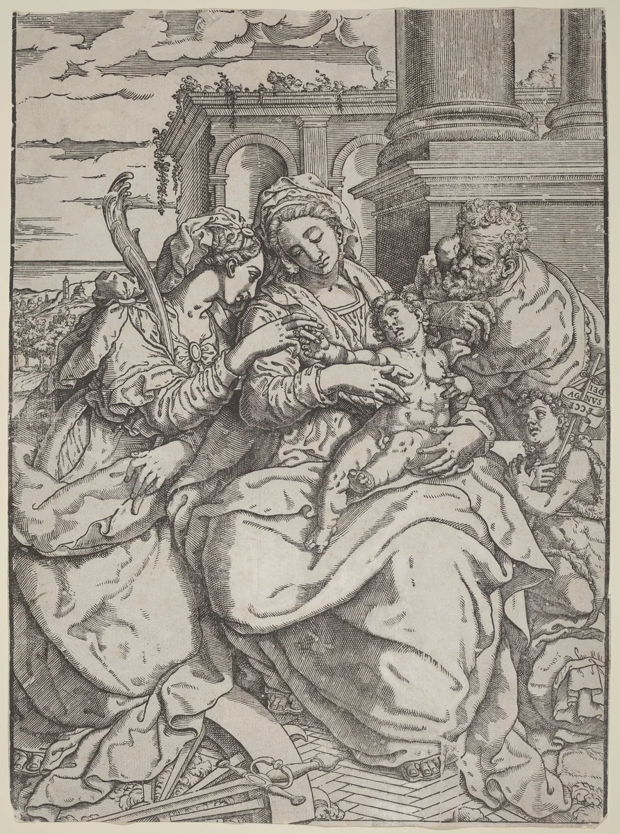 Madonna and Child with Saint Catherine by Giovanni Gallo; Marco Pino, print, 1500-1600