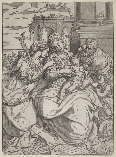Madonna and Child with Saint Catherine by Giovanni Gallo; Marco Pino, print, 1500-1600