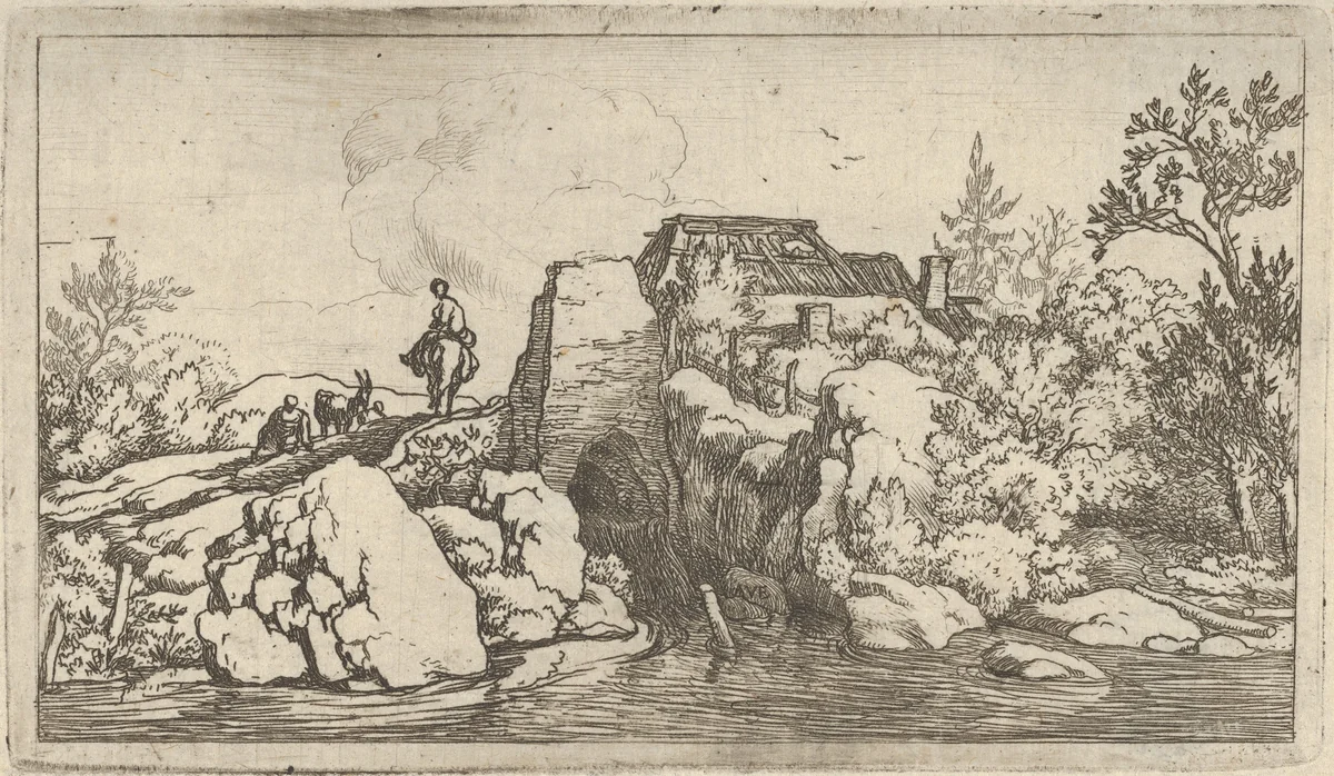 The Horseman on the Stone Bridge by Allart van Everdingen, print, 1621-1675