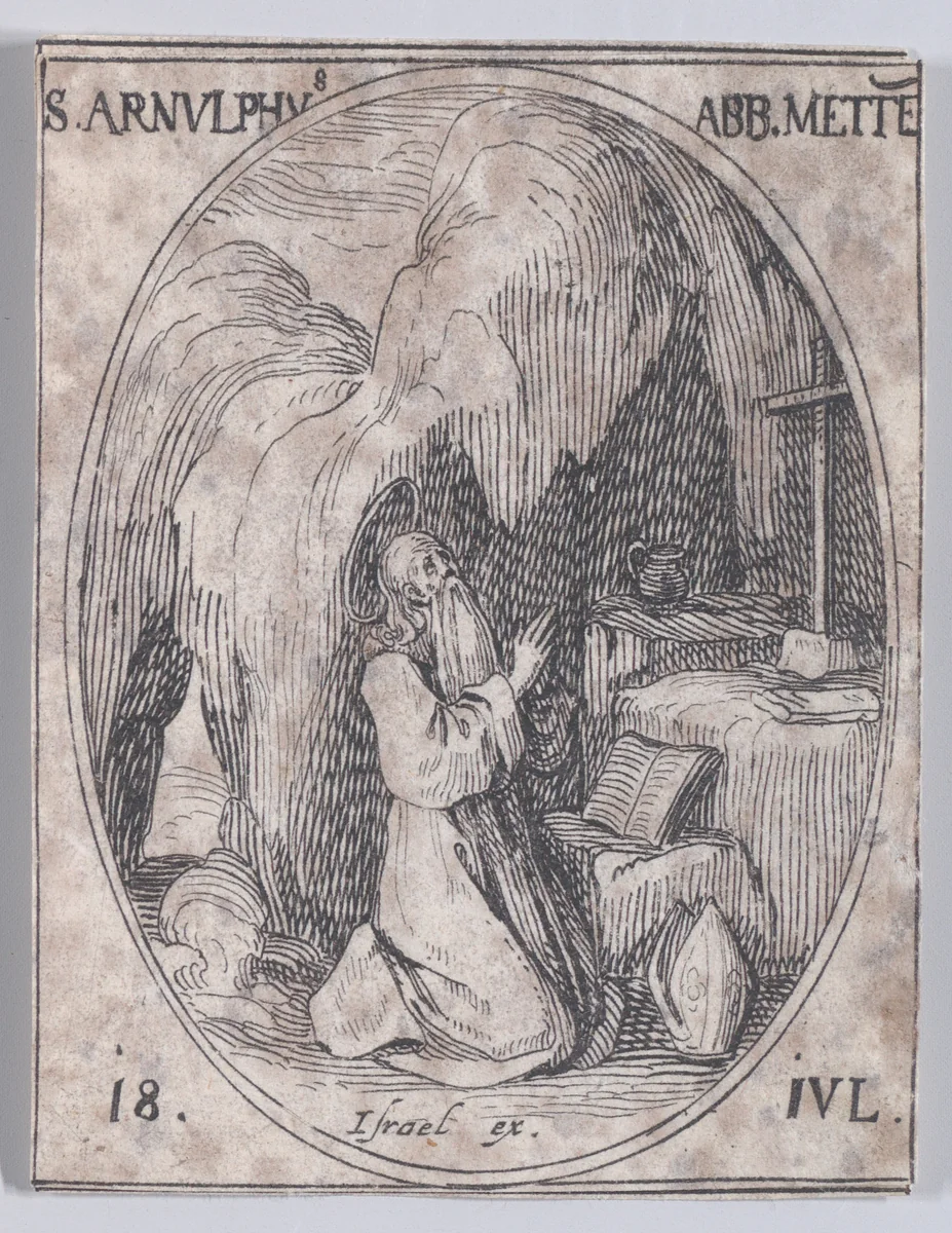 S. Arnould, évêque de Metz (St. Arnulf, Bishop of Metz), July 18th, from "Les Images De Tous Les Saincts et Saintes de L'Année" (Images of All of the Saints and Religious Events of the Year) by Jacques Callot, print, 1636