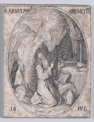 S. Arnould, évêque de Metz (St. Arnulf, Bishop of Metz), July 18th, from "Les Images De Tous Les Saincts et Saintes de L'Année" (Images of All of the Saints and Religious Events of the Year) by Jacques Callot, print, 1636