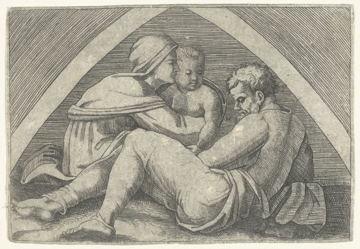 Heilige Familie onder een boog by Marcantonio Raimondi, print, 1500-1530