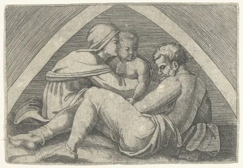 Heilige Familie onder een boog by Marcantonio Raimondi, print, 1500-1530