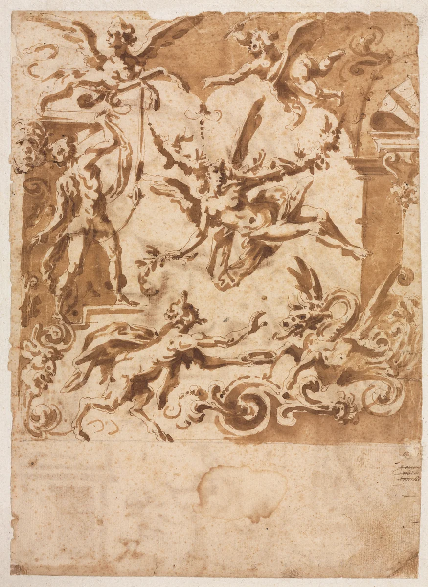 Grotesque with a Satyr Feeding a Dragon (recto) by Marco Marchetti, drawing, 1565-1588