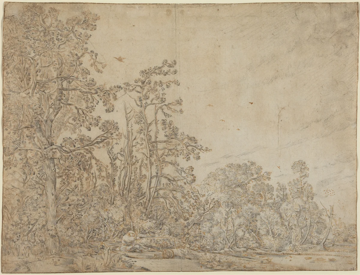 Woodland Pond with a Fisherman by Willem Buytewech, drawing, 1617