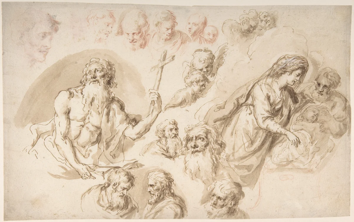 Study for a Nativity, Bearded Male Saint, and Head Studies (recto); Two Head Studies (verso) by Bartholomaeus Ignaz Weiss, drawing, 1750-1815