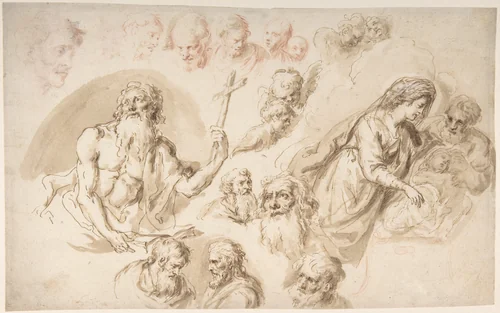 Study for a Nativity, Bearded Male Saint, and Head Studies (recto); Two Head Studies (verso) by Bartholomaeus Ignaz Weiss, drawing, 1750-1815