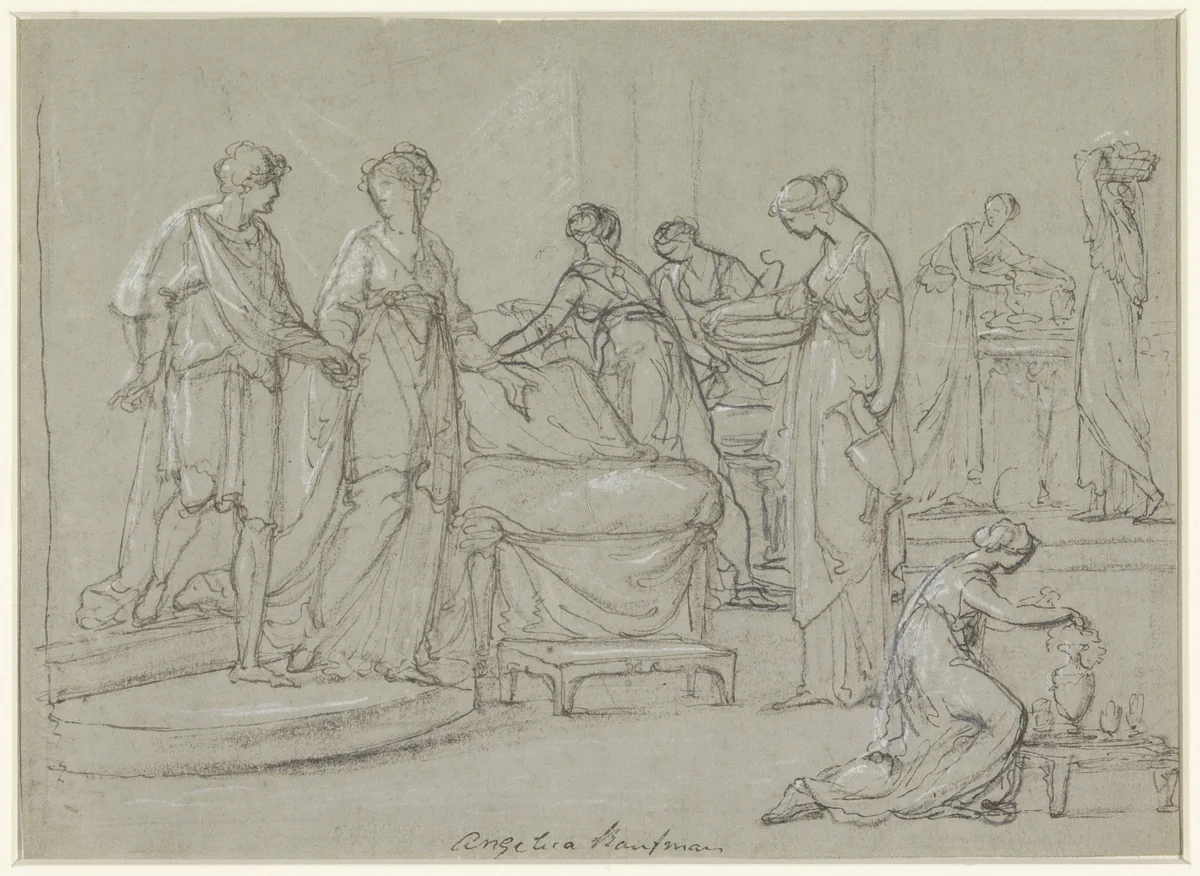 Bruid en bruidegom betreden een bruidsvertrek by Angelica Kauffmann, drawing, 1751-1807
