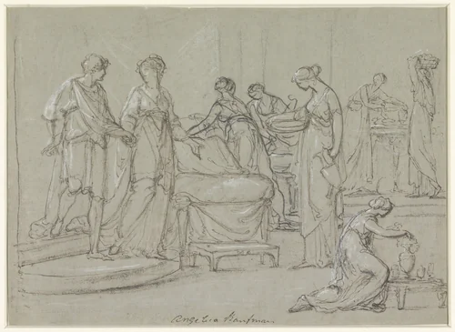 Bruid en bruidegom betreden een bruidsvertrek by Angelica Kauffmann, drawing, 1751-1807