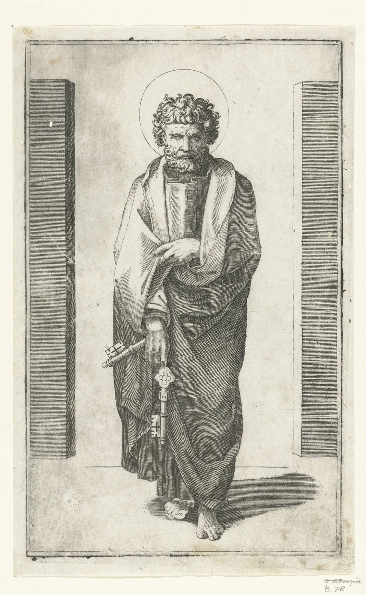 Apostel Petrus met sleutels by Marcantonio Raimondi, print, 1517-1527