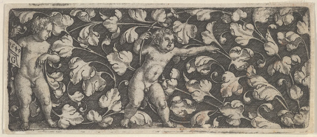 Horizontal Panel with Two Nude Boys Surrounded by Tendrils by Heinrich Aldegrever, print, 1549