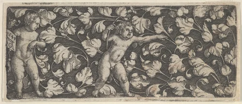 Horizontal Panel with Two Nude Boys Surrounded by Tendrils by Heinrich Aldegrever, print, 1549
