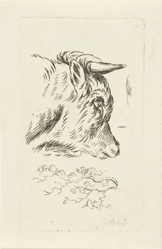 Kop van een koe en studie van een tak by anonymous, print, 1854