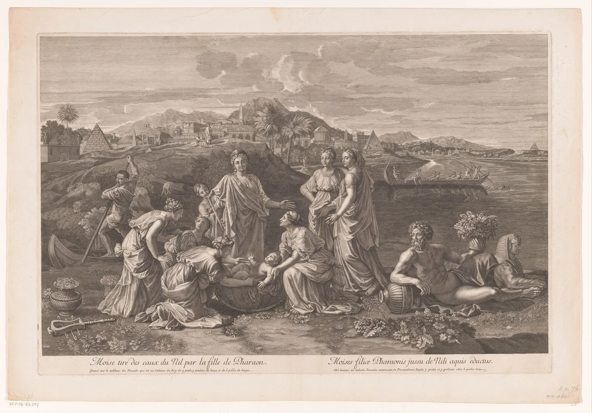Mozes wordt gevonden door de dochter van de farao by Gilles Rousselet, print, 1620-1686