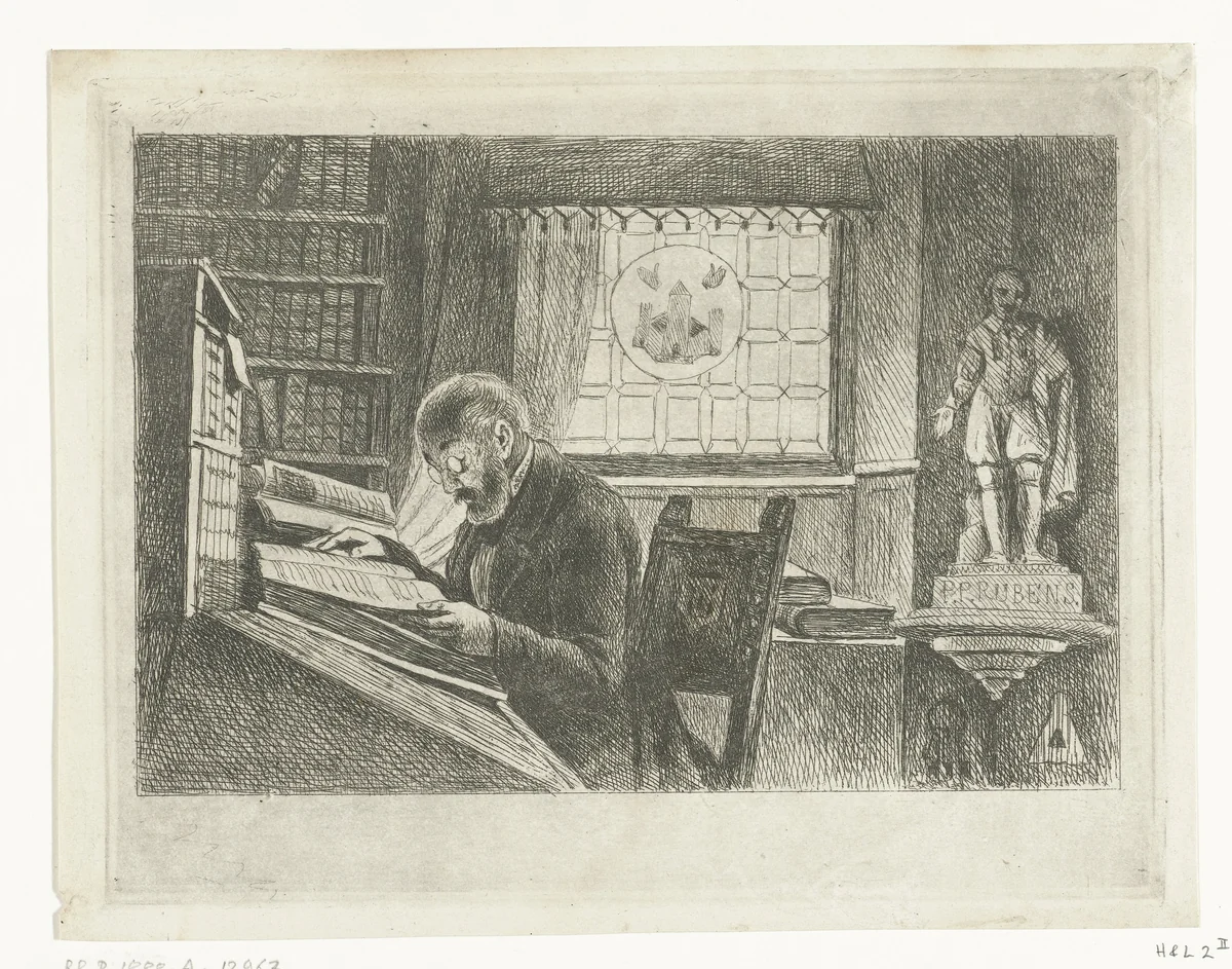 Portret van Frederik Verachter aan zijn bureau in het archief by Philippus Jacobus van Bree, print, 1833-1871