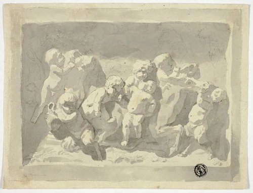 Baby Satyrs and Putti Playing with Donkey by Jacob de Wit, drawing, 1715-1754