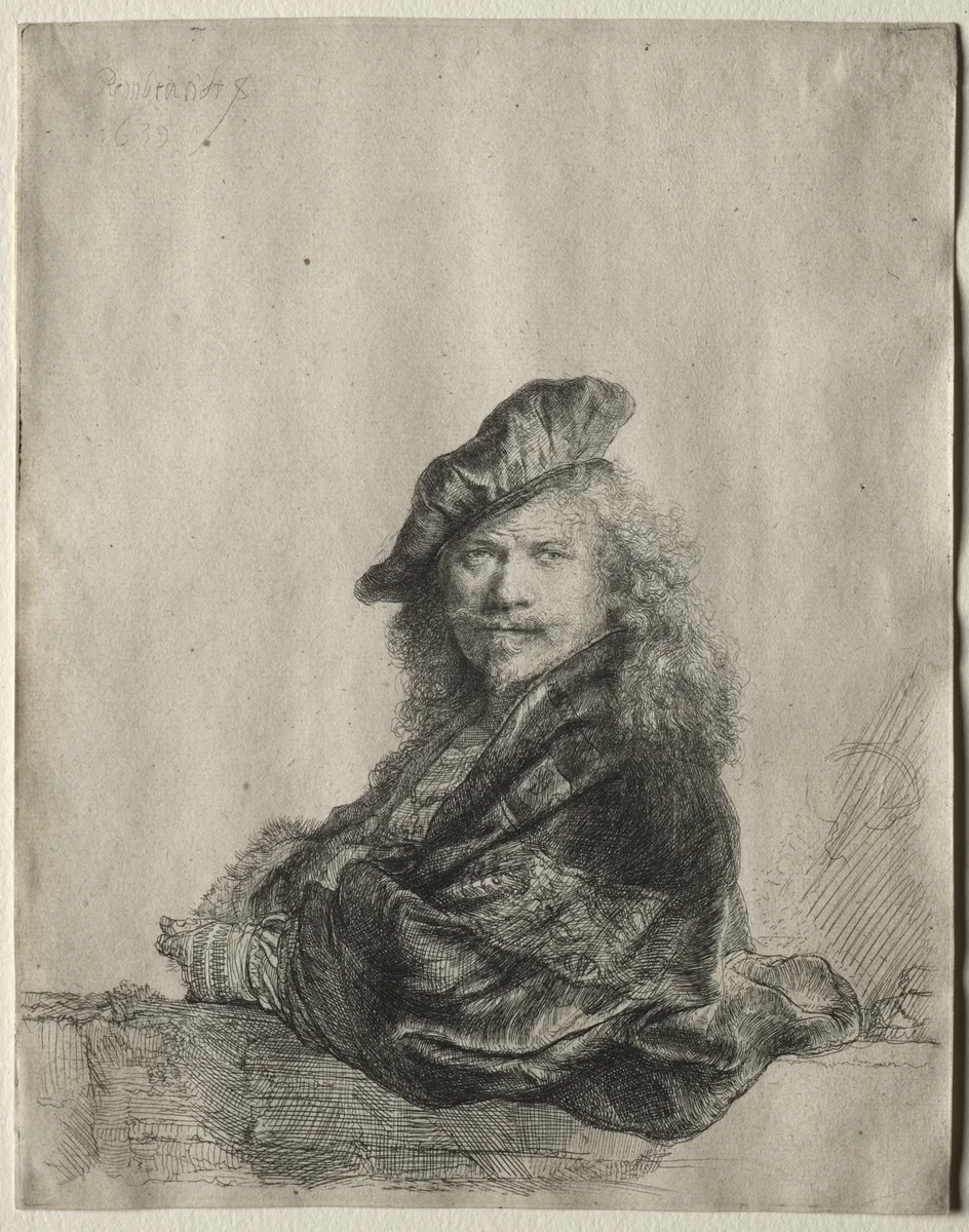 Self-Portrait Leaning on a Stone Sill by Rembrandt van Rijn, print, 1639