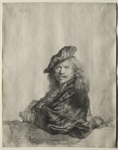 Self-Portrait Leaning on a Stone Sill by Rembrandt van Rijn, print, 1639