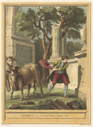 L'homme et la couleuvre (Man and the Snake) by Benoît-Louis Prévost; Jean-Baptiste Oudry, print, 1759