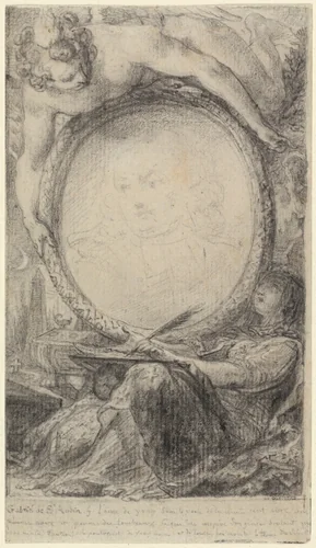Allegorical Frame with a Genius and a Veiled Woman Writing by Gabriel de Saint-Aubin, drawing, 1769