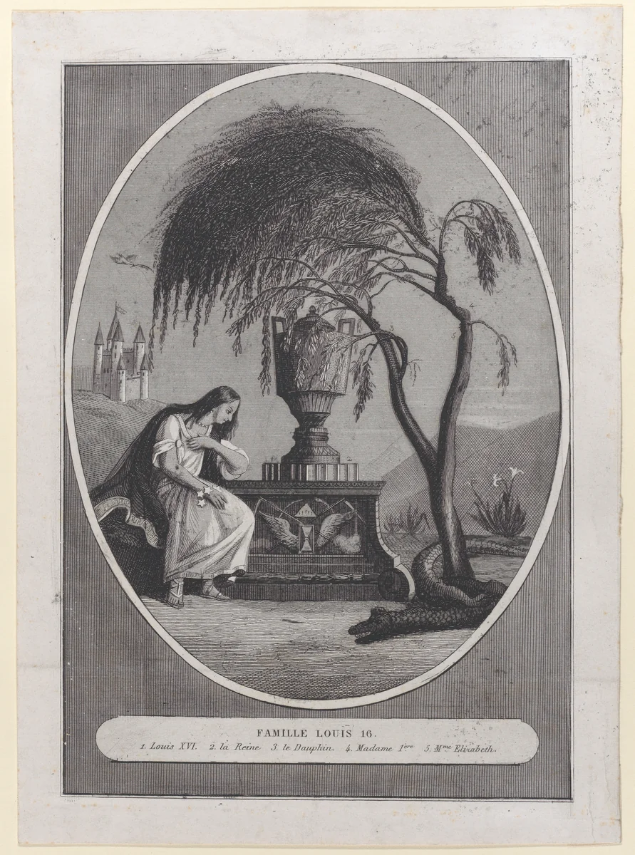 Tomb of Louis XVI and his family, with hidden silhouettes by anonymous, print, 1793-1800