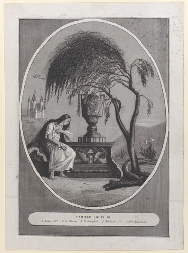 Tomb of Louis XVI and his family, with hidden silhouettes by anonymous, print, 1793-1800