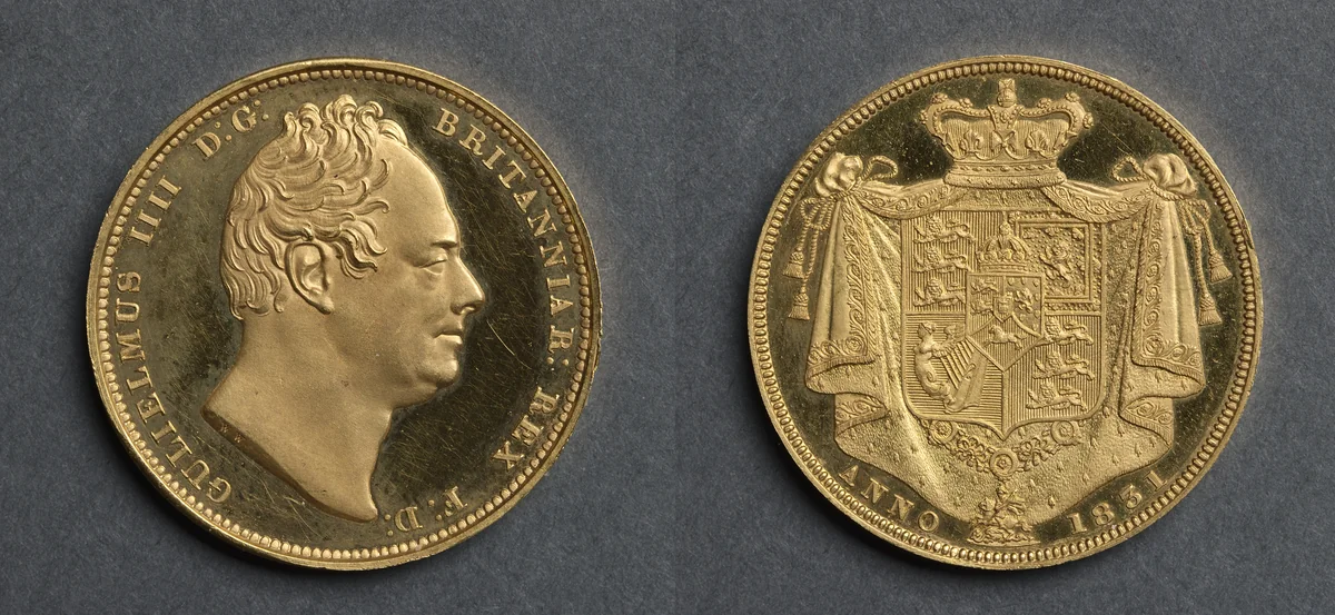 Two Pound Piece: George IV (obverse); Shield of Arms (reverse) by Jean Baptiste Merlen, metalwork, 1831