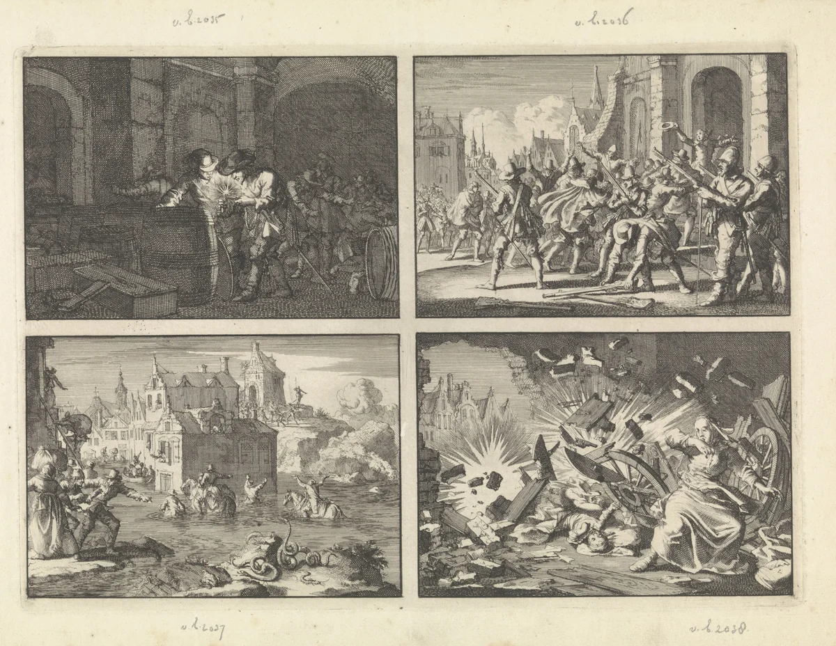 Soldaten te Breisach begaan een ongeluk door met vuur in een kelder met buskruit te komen, 1638 / Te Bremen dringen Luthersen tegen het verbod van de raad de Dom binnen terwijl de wacht de wapens neerlegt, 1638 / Hoog water tijdens het beleg van Wolfenbüttel, 1641 / Tijdens het beleg van Memmingen ontploft een granaat in een woning, 1647 by Jan Luyken, print, 1698