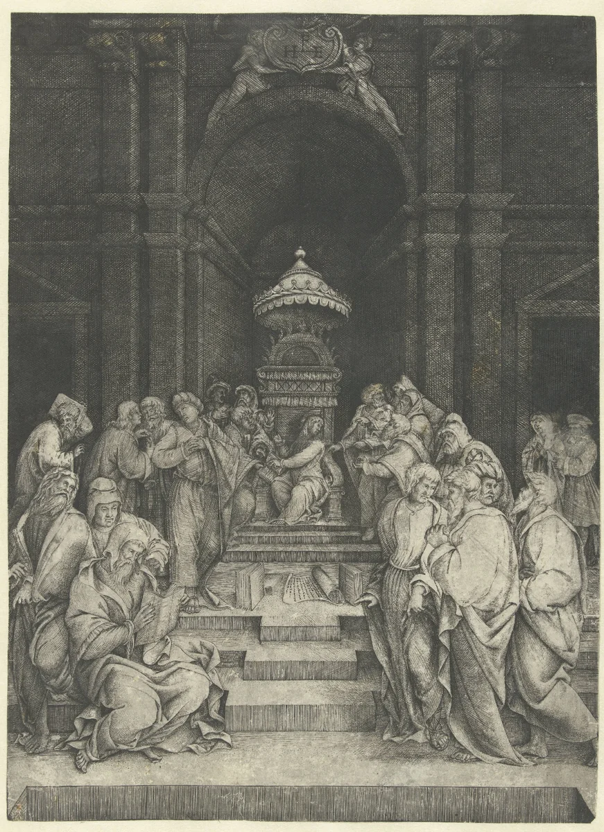 Christus tussen schriftgeleerden in tempel by Unknown, print, 1500-1550