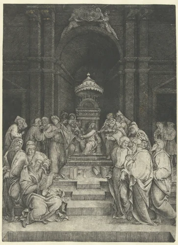 Christus tussen schriftgeleerden in tempel by Unknown, print, 1500-1550
