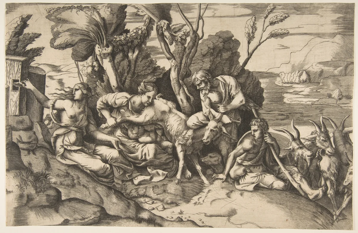 Jupiter suckled by the goat Amalthea by Giulio Bonasone, print, 1531-1576