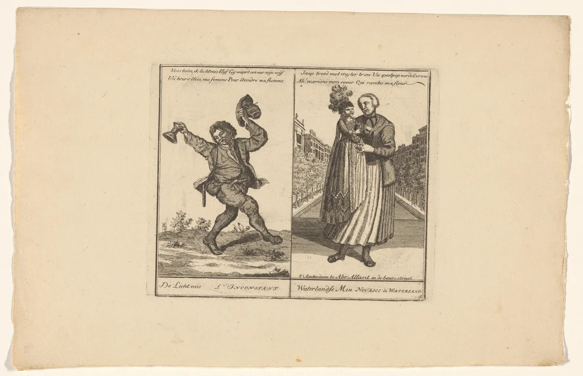 Lichtmis en Waterlandse min by Abraham Allard, print, 1676-1725