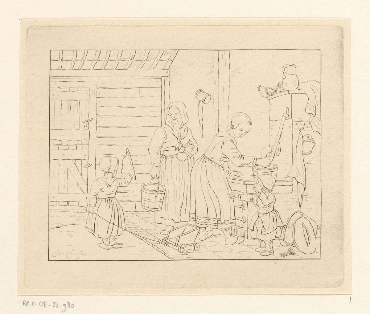 Vrouwen en kinderen in interieur bij waterpomp by Pieter de Mare, print, 1779-1796