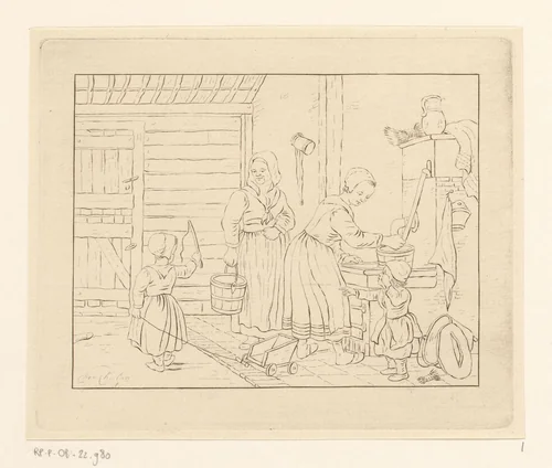 Vrouwen en kinderen in interieur bij waterpomp by Pieter de Mare, print, 1779-1796